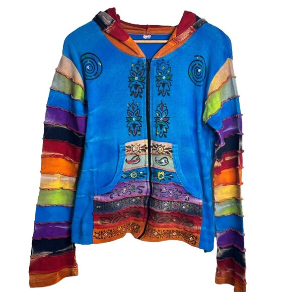 Clothing in Nepal Rainbow Patchwork Hoodie Embroidered Boho Artsy Gypsy Size S/M - Picture 1 of 6